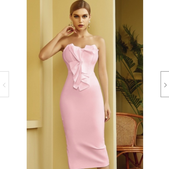 NEW! DESIGNER COUTURE PINK STRAPLESS RUFFLE BANDAGE DRESS TEXTURED RUFFLE BOW - Picture 1 of 11